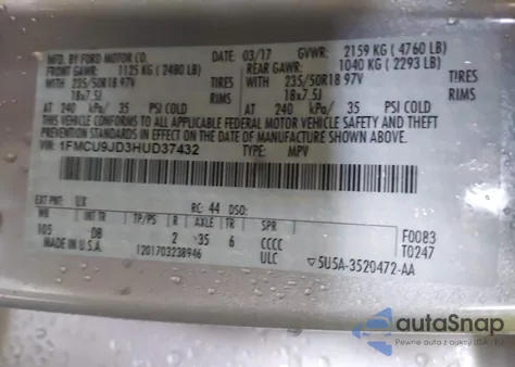 2017 Ford Escape Titanium z USA, uszkodzony, nr VIN 1FMCU9JD3HUD37432